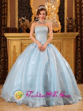 2013 Baby Blue Quinceanera Dress Strapless Organza  Beading Appliques  In Concepcion de la Vega Dominican Style QDZY057FOR  