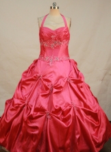 Affordable Ball Gown Halter Top Floor-length Red Taffeta Beading Quinceanera dress Style FA-L-197