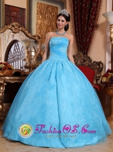 Beaded Appliques Aqua Blue 2013 Quinceanera Dress Strapless Organza Ball Gown In Liberia Costa Rica Style QDZY046FOR
