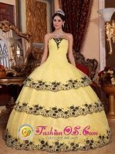 Classical Custom Made Light Yellow Ruffles Layered Quinceanera Dress With Appliques and Ruch In Summer Monte Plata Dominican Style QDZY561FOR 