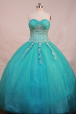 Elegant Ball Gown Sweetheart Floor-length Aqua Blue Satin Appliques Quinceanera Dress Style FA-L-196