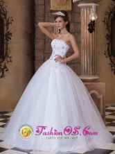 Embroidery 2013 Strapless  White Satin and Tulle Ball Gown Quinceanera Dress San Diego Costa Rica Style QDZY171FOR