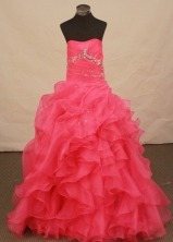 Exquisite Ball Gown Strapless Floor-length Coral Red Organza Beading Quinceanera dress Style FA-L-18