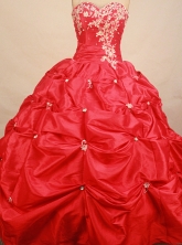 Low price ball gown sweetheart-neck floor-length taffeta red appliques qith beading quinceanera dresses FA-X-070 