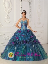 Teal Appliques and Hand Made Flowers Pick-ups Straps Quinceanera Dress For 2013 Consuelo Dominican Style QDZY321FOR
