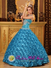 Teal Sweetheart Rolling Flowers Quinceanera Dress For 2013 Appliques Ball Gown Carmen Costa Rica Style QDZY002FOR  