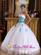 White and Blue Quinceanera Dress For 2013 With Sweetheart Appliques Organza Ball Gown In La Romana Dominican Style QDML059FOR   