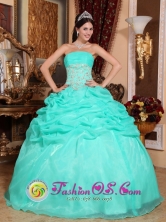 Arequipa Peru Stylish Turquoise Organza wholesale Quinceanera Dress With Strapless Appliques And Ruffles Decorate for Sweet 16 Style QDZY646FOR