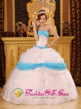 Ica Peru Perfect Baby Blue Satin and Organza wholesale Quinceanera Dress With Pick-ups and Appliques Style QDZY101FOR