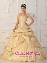 Ilo Peru A-Line Champagne  2013 Strapless wholesale Quinceanera Dress Pick-ups Beading and Hand Made Flowers Decorate Style QDZY176FOR