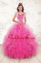 Popular 2015 Sweetheart Hot Pink Quince Gown with Beading and Ruffles XFNAOA46TZFXFOR