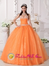 Tumbes Peru Sprong Customize Exquisite Beaded Orange Appliques 2013 wholesale Quinceanera Dress WithTaffeta and Organza Ball Gown Style QDZY620FOR 