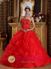 Yurimaguas Peru Customize Red Pick-ups and Appliques Strapless wholesale Quinceanera Dress  With Tulle Skirt For Sweet 16 Style QDZY139FOR