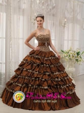2013 Guayanilla Puerto Rico Quinceanera Dress Modest Brown  Sweetheart Taffeta and  Leopard or zebra Ruffles Ball Gown Wholesale Style QDZY373FOR 