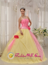Winter Light Yellow and Baby Pink Hand Made Flowers Sweet Quinceanera Dress For Graduation In Lares Puerto Rico Wholesale Style QDZY529FOR