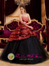Zebra Exquisite Red and Black Quinceanera Dress Strapless and Tulle Hand Made Flowers And Beading Decorate  In Danli Honduras Wholesale Style QDZY213FOR