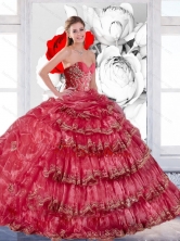 2015 Exclusive Appliques and Ruffles Quinceanera Dress in Coral Red QDDTB12002FOR