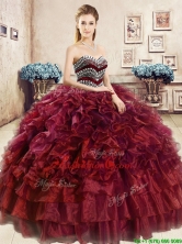 Affordable Beaded and Ruffled Wine Red Sweet 16 Dress in Organza YYPJ036-2FOR