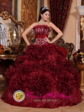 Appliques Burgundy Wholesale Strapless Organza 2013 Rolling Flower  Quinceanera Dresses In Charallave Venezuela Style QDZY697FOR 