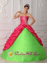 Coral Red and Spring Green Appliques and Ruch 2013 Pinillos Colombia Wholesale Taffeta Quinceanera Dress With Sweetheart Style QDZY387FOR