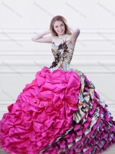 Luxurious V Neck Fuchsia and Printed Quinceanera Dress with Feather and Bubbles XFQD996FOR