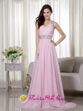 2013 San Vicente de Canete Peru Graceful Baby Pink Empire One Shoulder Brush Train Chiffon Beading and Ruch wholesale Prom Dress Style MLXN150FOR
