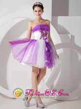 Chulucanas Peru Sassy Purple and White A-line Mini-length Organza wholesale Prom Dress Hand Made Flowers Feature Style MLXNHY07FOR