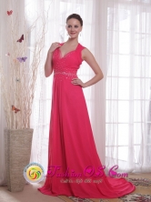 Coral Red V-neck Prom Dress Chiffon Empire Sweep Beading in Formal party IN Colcapirhua Bolivia Wholesale Style PDHXQ182943FOR