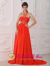 Halter Red Evening Dress  Empire Court Train Chiffon Beading for 2013 Summer INEl Carmen Bolivia Wholesale Style PDML095FOR