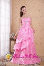 Huamachuco Peru Customize Rose Pink Sweetheart Organza A-line Brush Train Beading and Ruch wholesale Prom Dress Style PDHXQ040FOR