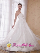 Ica Peru White wholesale Princess Halter  Prom Dress  Rhinestones Brush Train Style PDATS110FOR