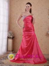 Nueva Cajamarca Peru Sweetheart Coral Red A-line Court Train Taffeta Beading and Ruch wholesale Prom Dress For Winter Style PDHXQ043FOR