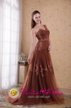 Tulle One Shoulder Prom Dress Brown Sheath Brush Appliques and Beads For 2013 Summer in Tarija Bolivia Wholesale Style PDHXQ186139FOR 