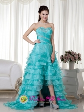 Customize High Low Teal A-line Sweetheart Brush Train Organza Beading Dama Evening Dress In Naguabo Puerto Rico Wholesale  Style MLXN064FOR 