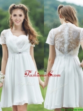 See Through Short Sleeves White Dama Dress with Belt and Lace BMT0102AFOR
