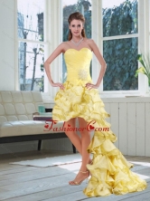 Light Yellow Sweetheart High Low Prom Dress with Beading and Ruffled Layers MQR50TZBFOR