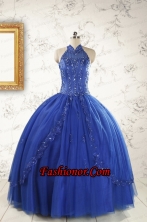 2015 HalterTop Appliques and Beading Dresses For 15 in Royal Blue FNAO5837FOR
