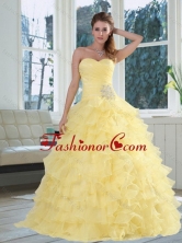 2015 Yellow Sweetheart Quinceanera Dress with Beading and Ruffled Layers MQR50TZFXFOR