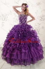 Lovely Purple Strapless Appliques and Ruffles Quince Dresses for 2015 XFNAO244TZFXFOR