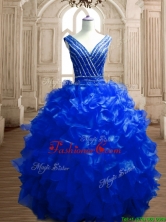 Modest Beaded and Ruffled Deep V Neckline Quinceanera Dress in Royal Blue SWQD151-4FOR