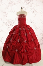 Real Sample Strapless Wine Red Appliques Quinceanera Dresses for 2015 FNAO230FOR
