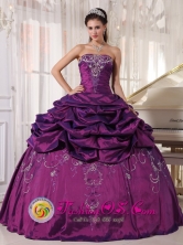 2013  Intibuca Honduras Summer Eggplant Purple Embroidery Quinceanera Ball Gown with Pick ups  Style PDZY552FOR