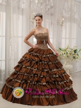 2013 Puerto Lempira Honduras  Quinceanera Dress Modest Brown In Georgia Sweetheart Taffeta and  Leopard or zebra Ruffles Ball Gown  Style QDZY373FOR  