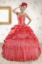 2015 Strapless Coral Red Quinceanera Dresses with Pick Ups and Beading XFNAO147TZFXFOR