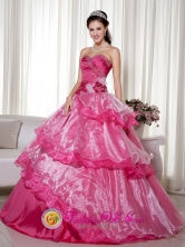 Customize Sweetheart Beading Decorate Hot Pink  Taffeta and Organzaand Hand Made Flower Pretty Quinceanera Dress  In Adjuntas Puerto Rico Wholesale Style ZY749FOR 
