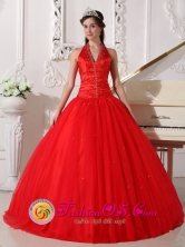Customized A-line Halter Beaded Decorate  Red Tulle Sweet 16 Dress In Isidro Casanova  Argentina  Style QDZY682FOR