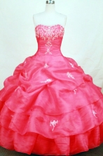 Cute ball gown sweetheart-neck floor-length organza coral red appliques with beading quinceanera dresses FA-X-146