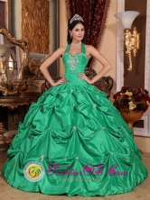 Exclusive Apple Green Halter Top Pick-ups Sweet 16 Dress With Taffeta Appliques Sweet Ball Gown for Quinceanera In La Rioja   Argentina  Style QDZY583FOR 