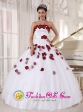 For Formal Evening White and Wine Red Quinceanera Dress Tulle Beading and Hand Made Flowers Decorate Ball Gown  In Guaimaca Honduras  Style PDZY671FOR