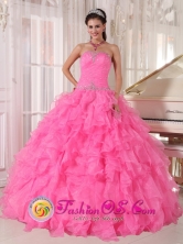 Inexpensive Rose Pink Quinceanera Dress With Strapless Custom Made with Ruffles and Beading for Quinceanera day In San Juan  Argentina  Style PDZY724FOR